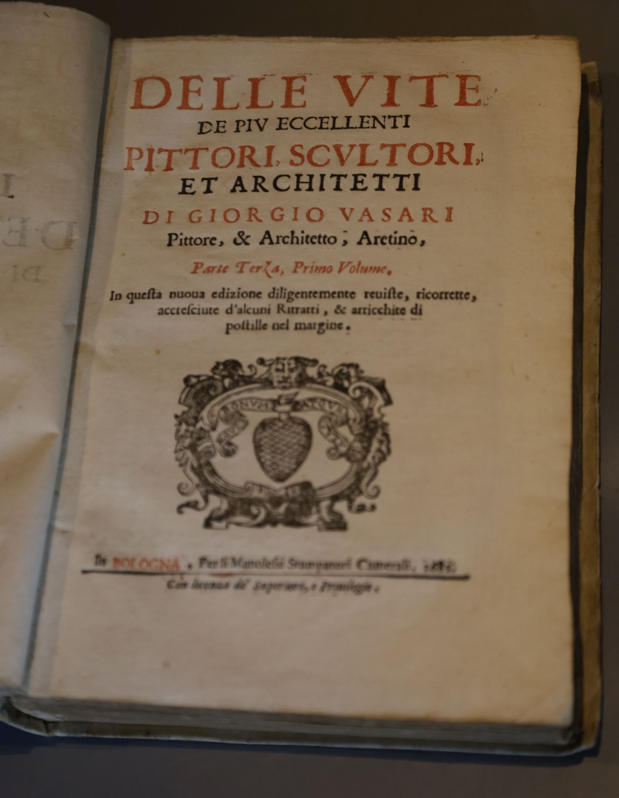 Vasari, Giorgio - Le Vite de piu eccellenti pittori, scultori, & architettori, vol 1 only (of 3), two, limp vellum, covers soiled, con